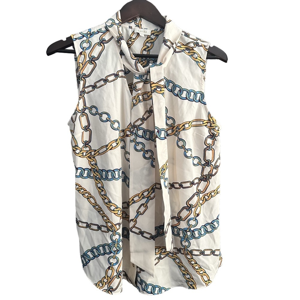 Laura White Sleeveless Multi-Colour Chain-Print Tie-Neck Blouse Size 12